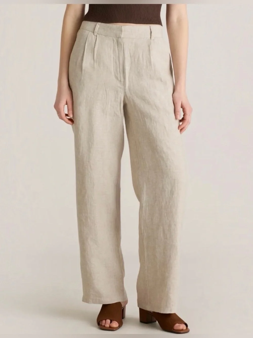 QUINCE Women’s 100% European Linen Pleated Wide Leg Trouser In Flax Sz 8